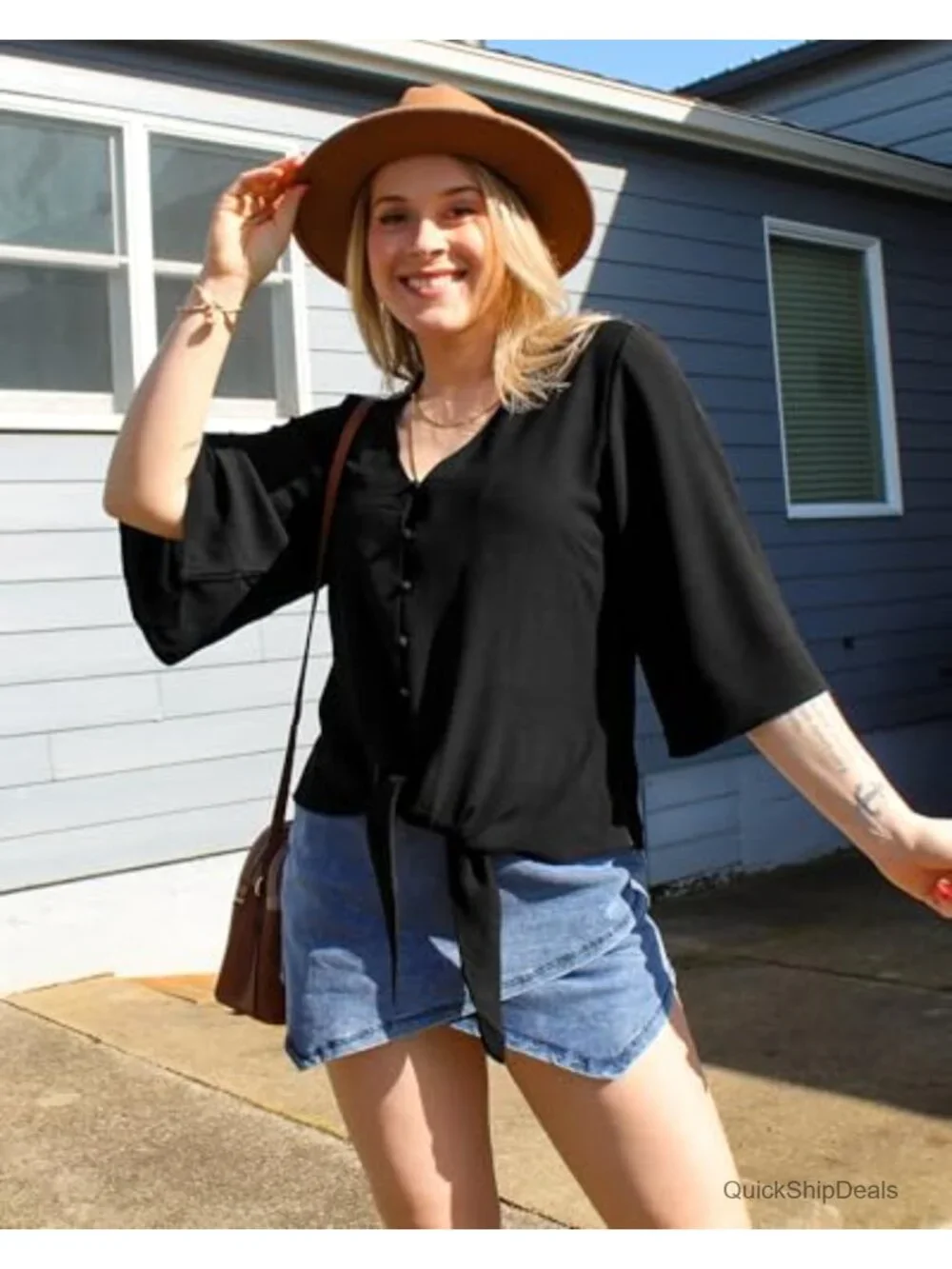 V Neck 3/4 Sleeve Tie Knot Blouse Button Down Shirt